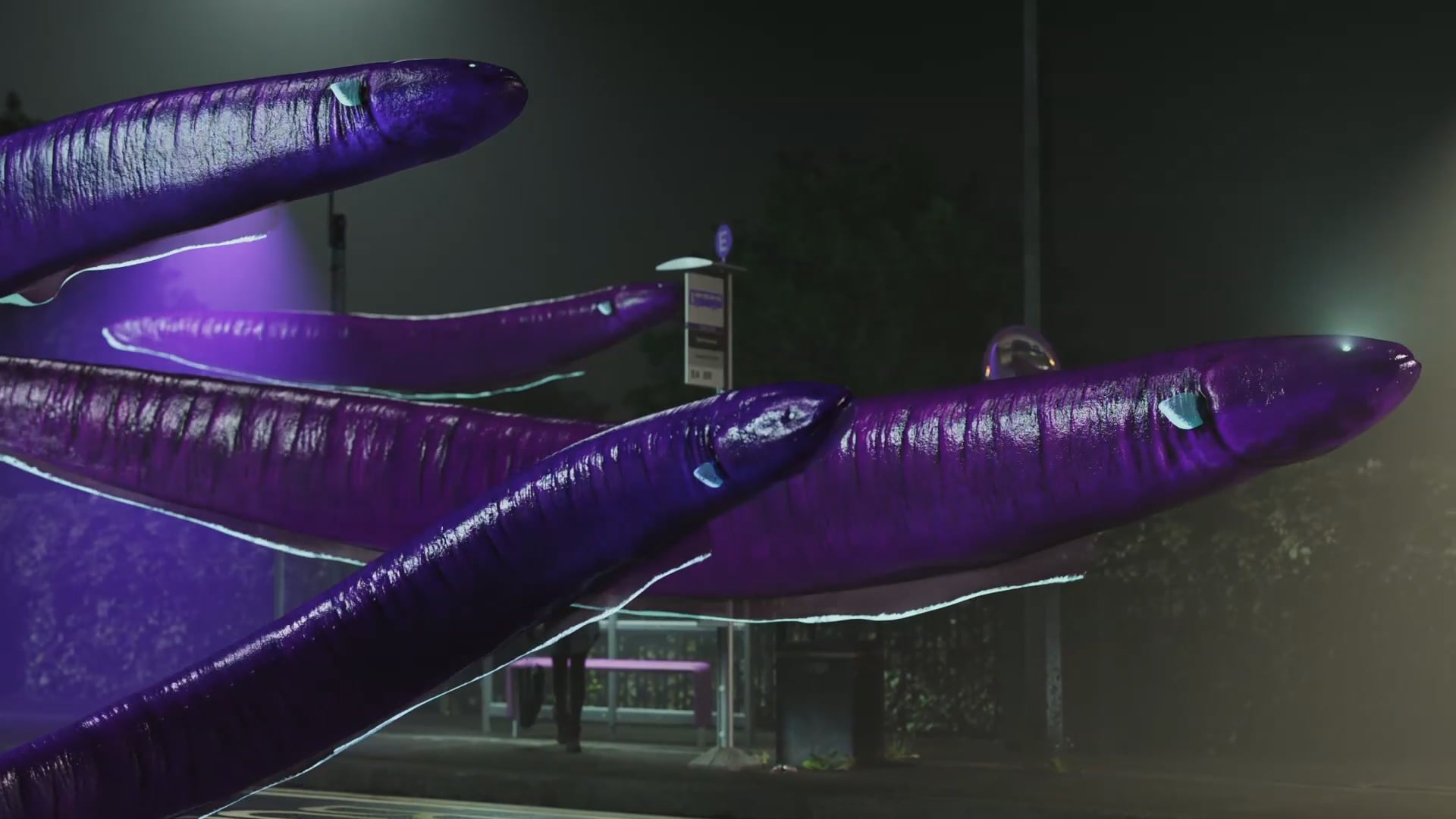 Giant purple electric eels swarming a bus stop