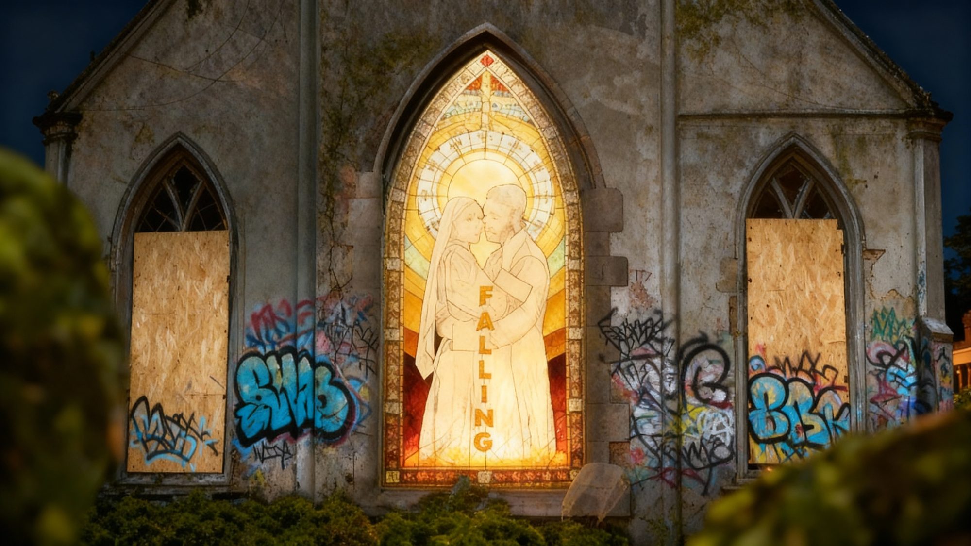 The Falling window in a graffitied church, boarded windows either side