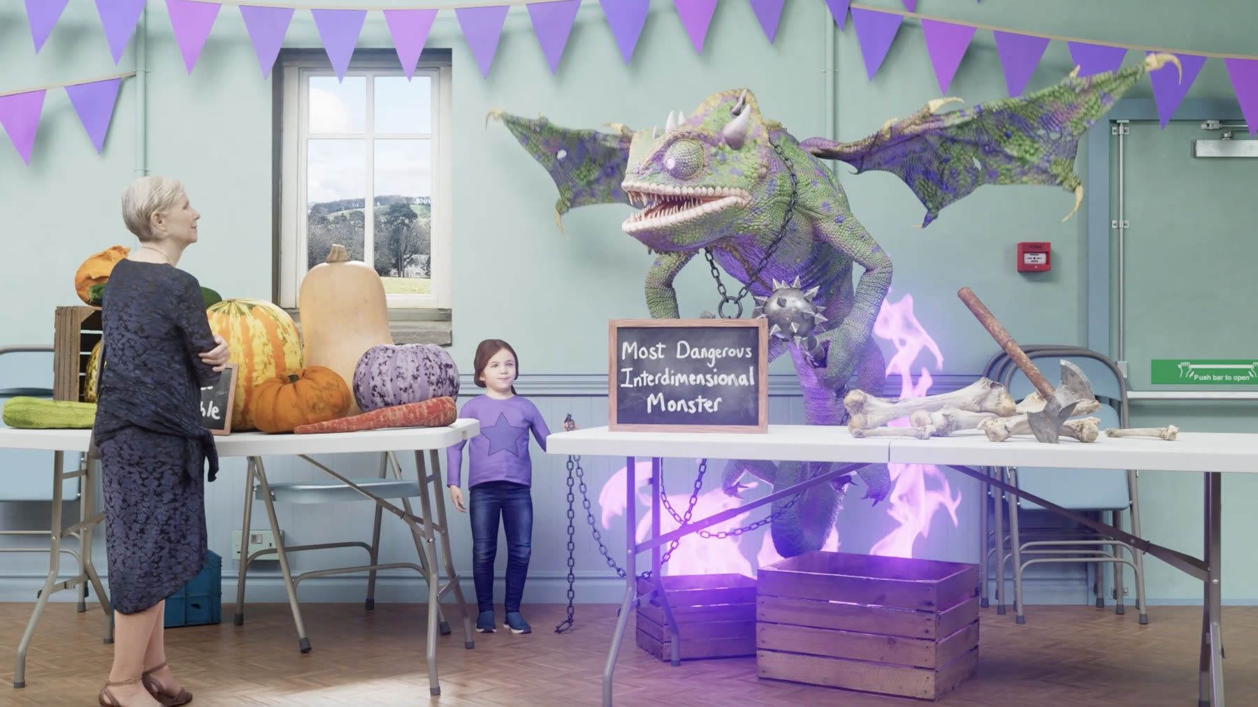 A village fete jam contest with a purple interdimensional monster