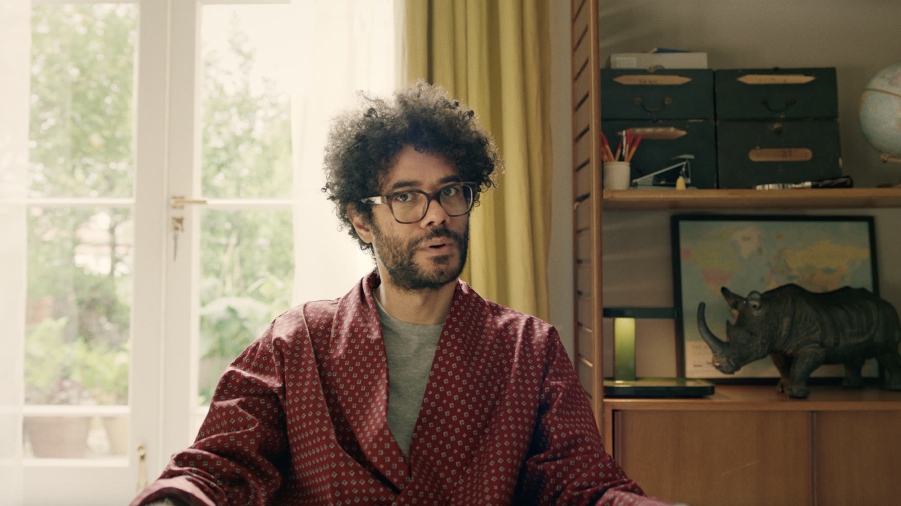 A man in glasses and a red dressing gown in a sunlit study